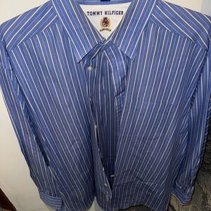 Tommy Hilfiger Men's Blue and White Striped Dress Shirt